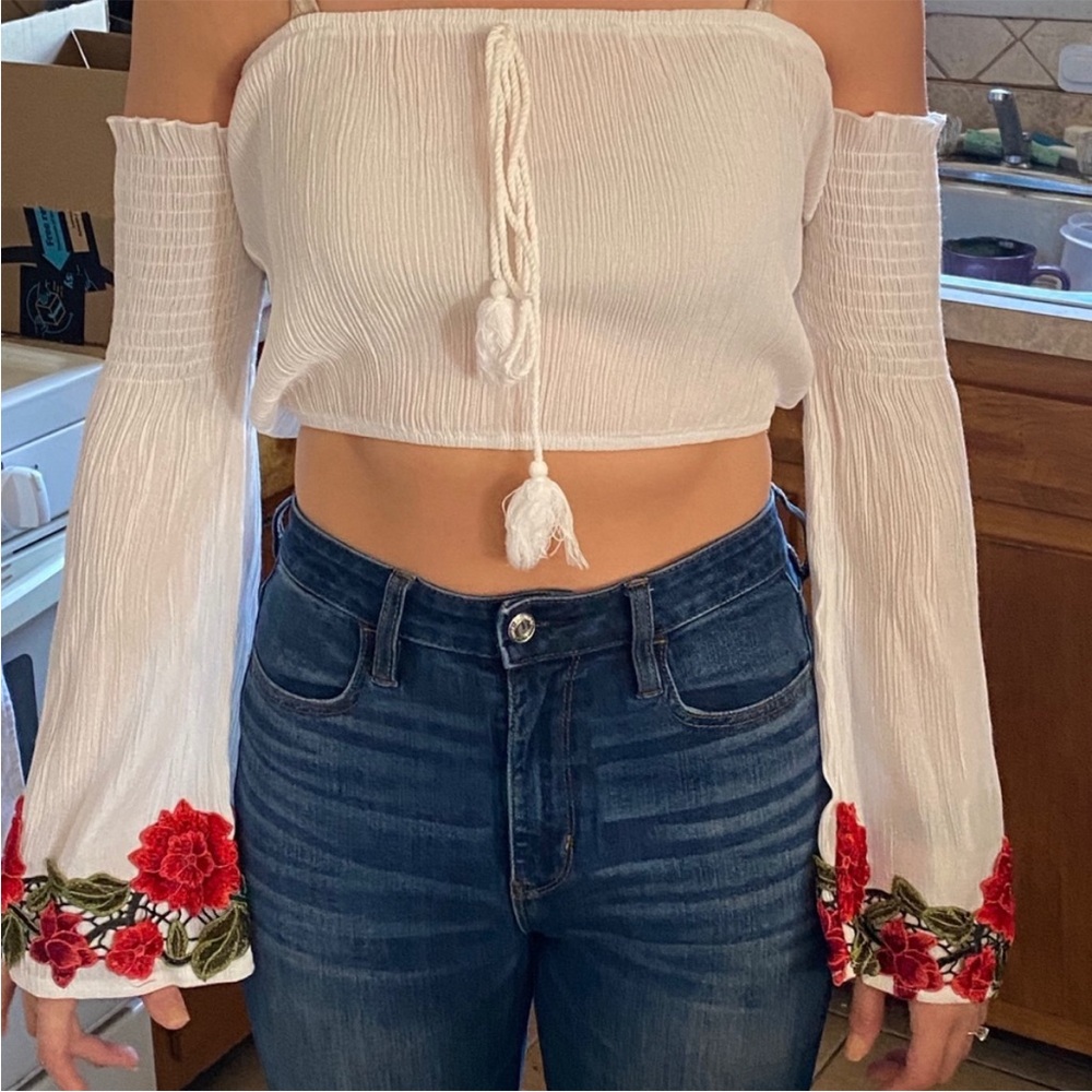 White Off Shoulder Crop Top Embroidered Sleeves M